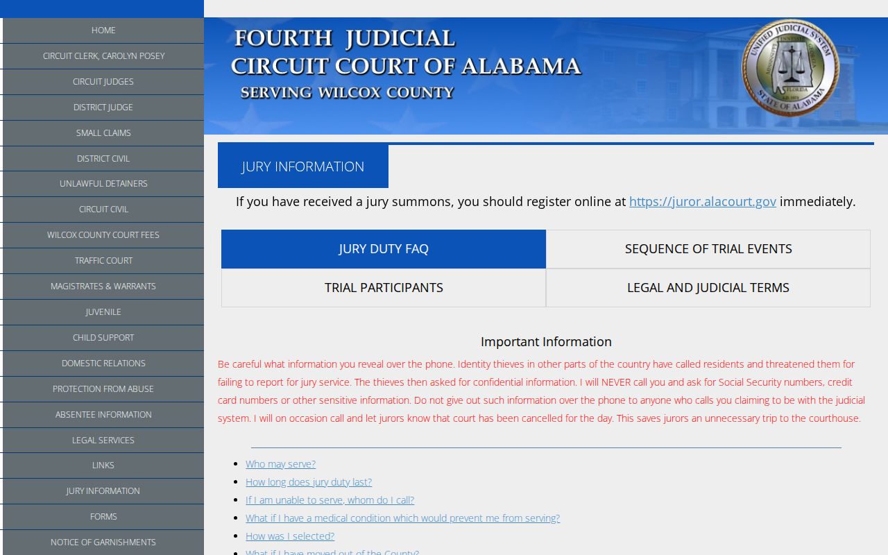 Wilcox County court calendar jury information