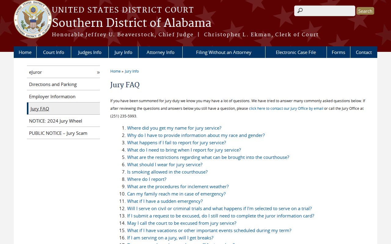 Wilcox County court calendar federal jury division information