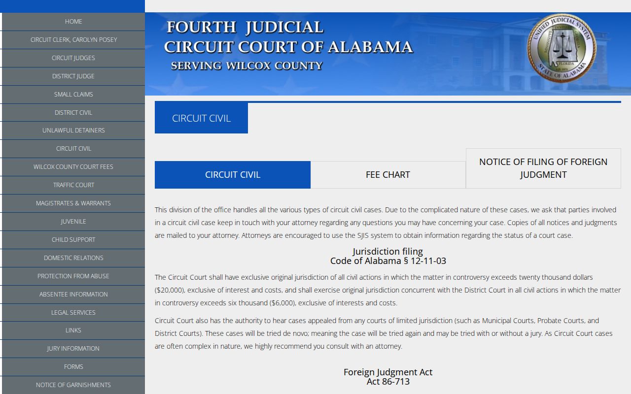 Wilcox County civil court dockets Circuit Civil page