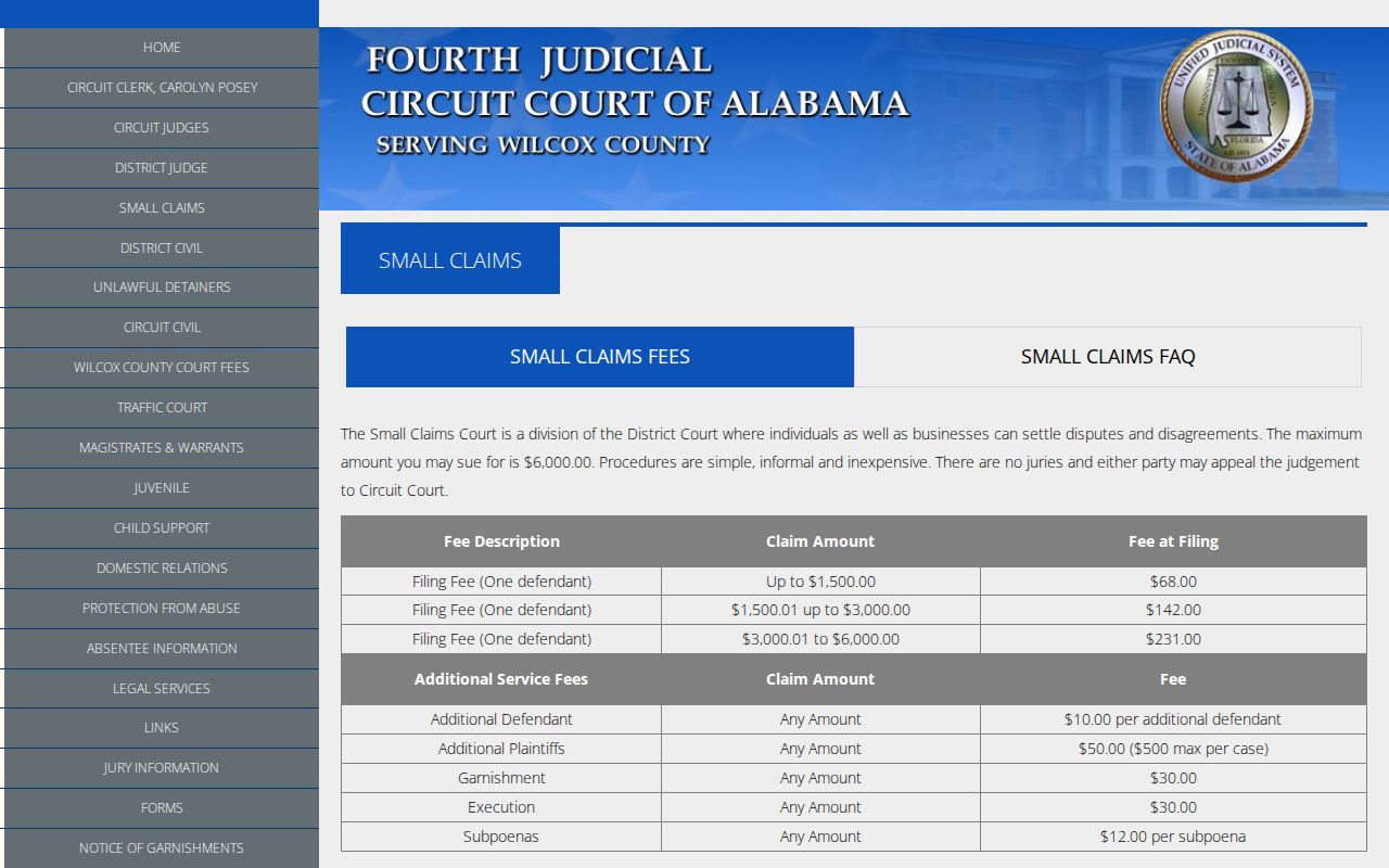 Wilcox County civil court dockets Small Claims timing page