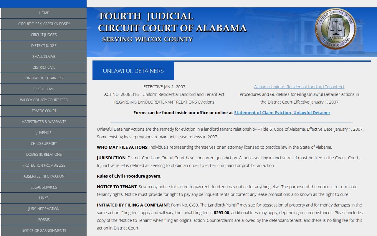 Wilcox County civil court dockets unlawful detainer procedure