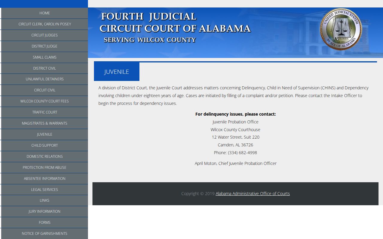 Wilcox County criminal court dockets juvenile access page