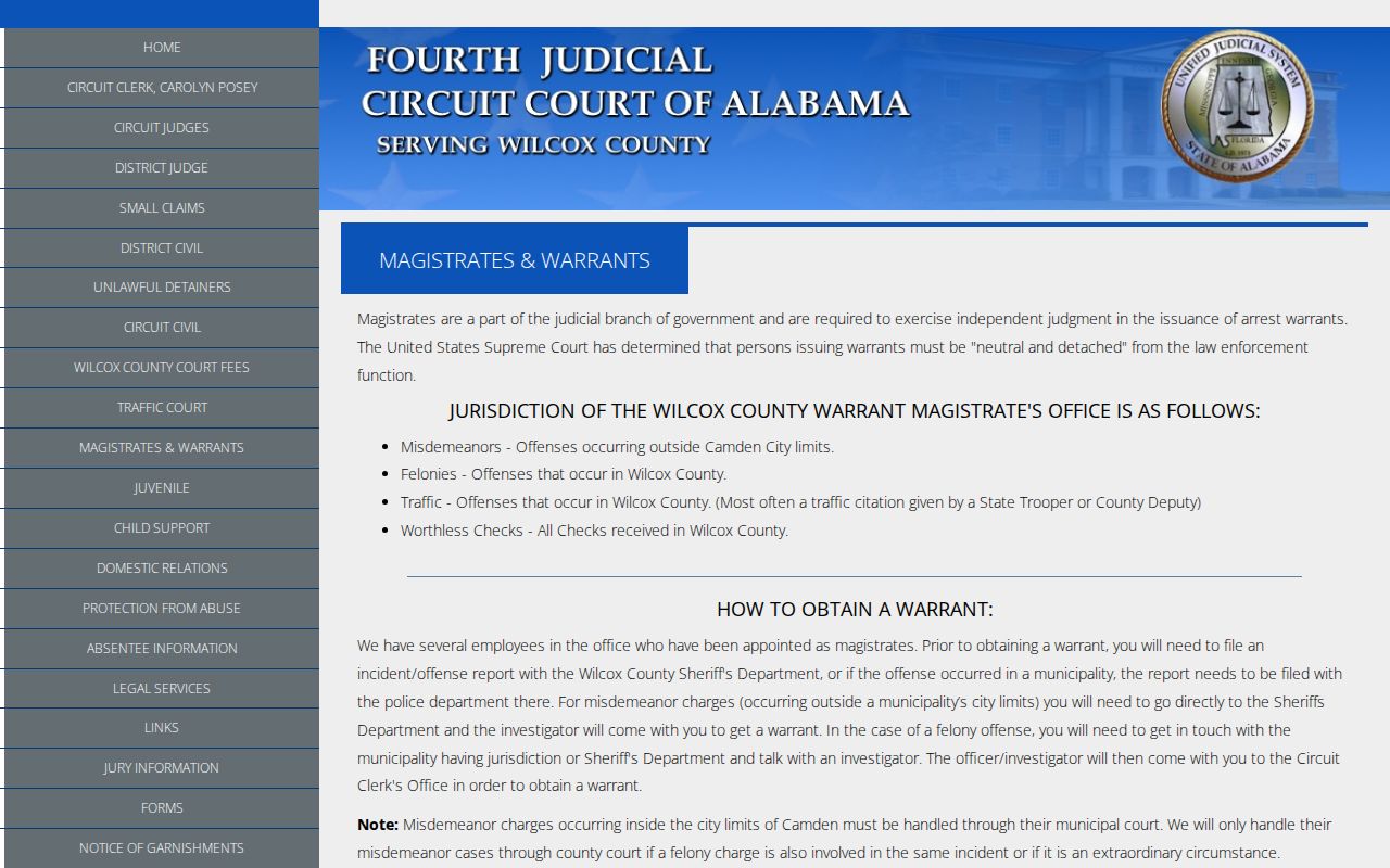 Wilcox County criminal court dockets magistrates and warrants page