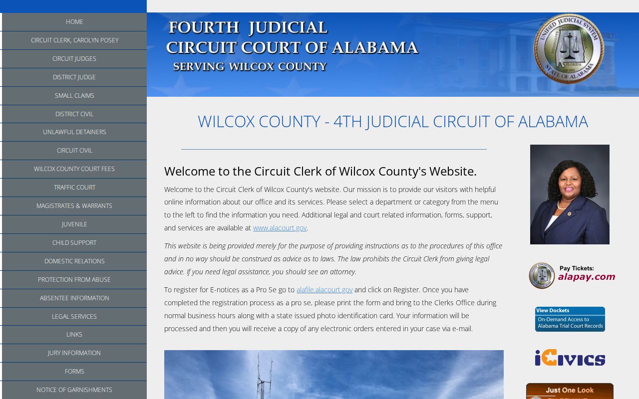 Wilcox County court docket clerk landing page and AlaFile notice access