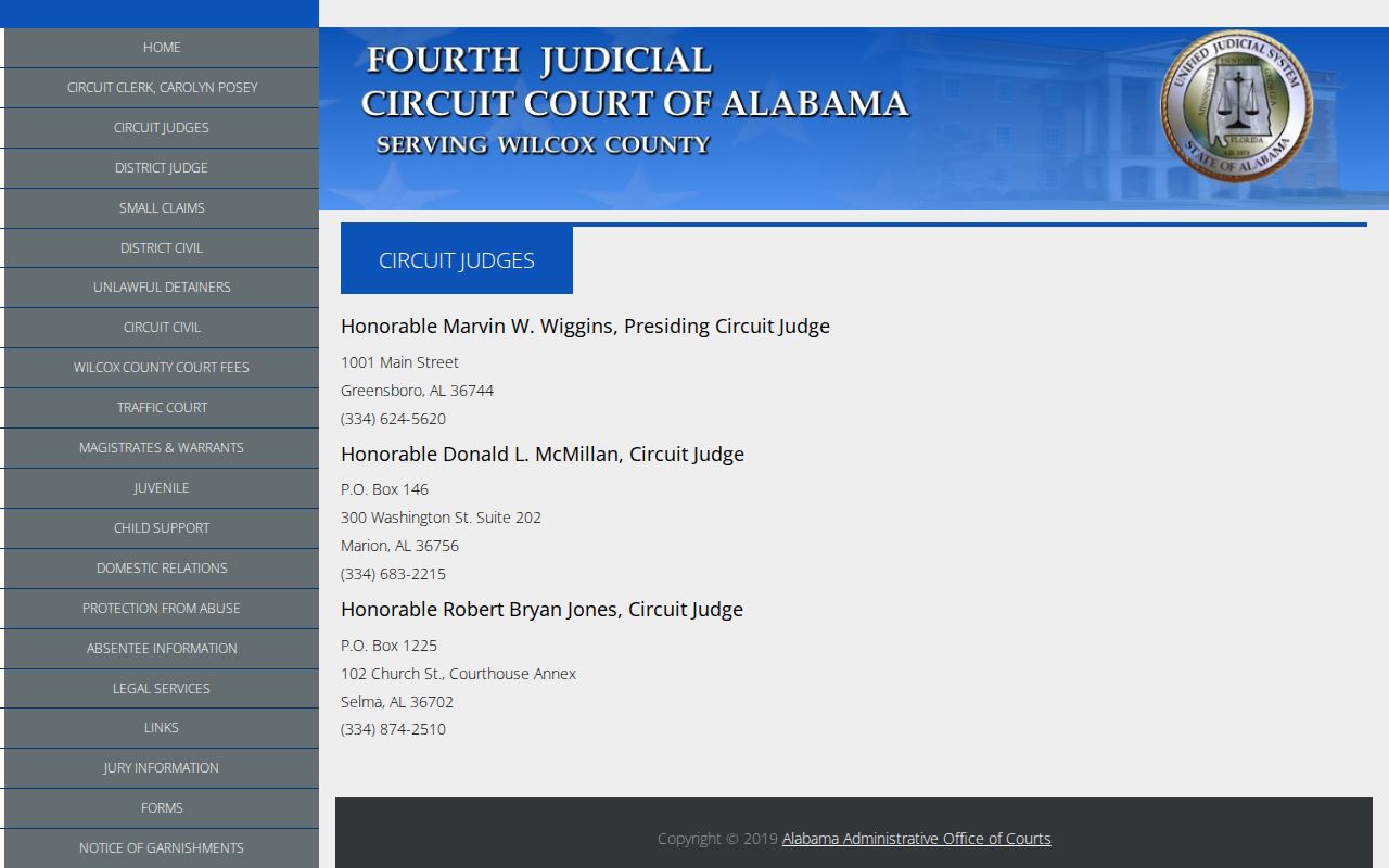 Wilcox County court docket Fourth Judicial Circuit judges