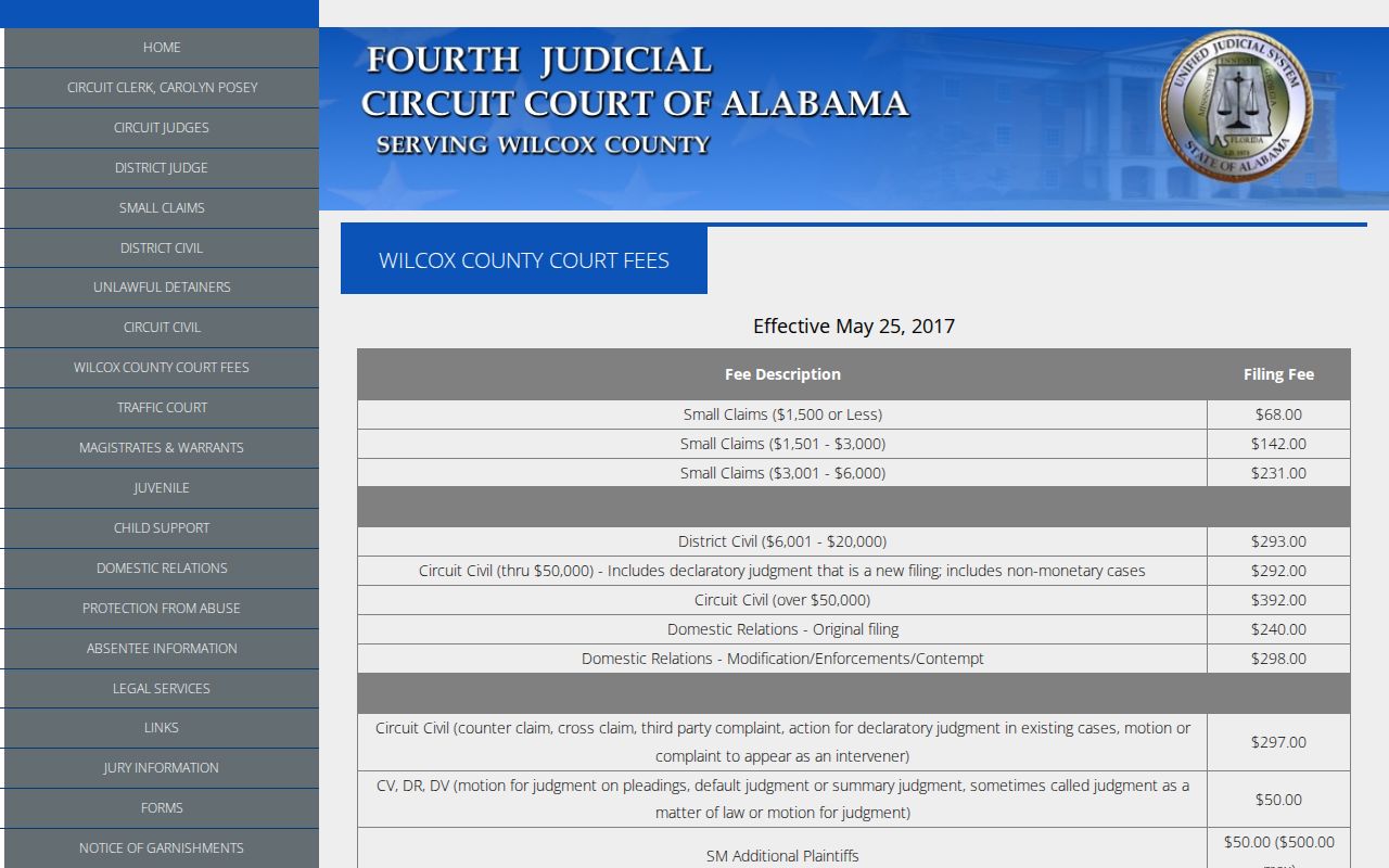 Wilcox County court records and court fee schedule